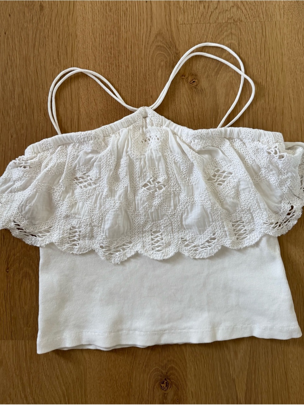 Anthropologie White Ruffled Embroidered Crochet Strappy Halter Tank Top